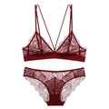Conjunto de lencería de encaje rojo vino de estilo francés con sujetador triángulo - S / Conjunto granate