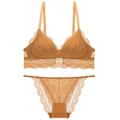 French vintage triangle cup lace lingerie set in caramel brown without underwire - Caramel