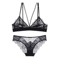 Sexy black lace lingerie set with non-wired triangle cup bra and cross-strap detail - S / Top And Bottom / Black