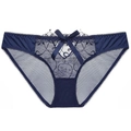 Deep blue lace embroidered women's low-waist panties with a delicate center bow decoration - Sapphire Blue