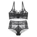 Ensemble lingerie en dentelle noire avec broderie florale et culotte taille haute - Noir