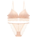 French retro nude lace triangle bra set with breathable wire-free floral design - M / Nude