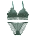 French vintage dark green lace triangle bralette set with matching transparent panties - M / Army Green