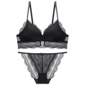 Detailed close-up of black lace triangle bralette and matching sheer mesh panties set - M / Black