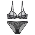 Conjunto lencería sexy de malla negra con sujetador ultrafino y detalle colgante corazón - 70B / Negro