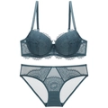 Conjunto de sujetador de encaje de pestañas azul grisáceo con bordado y bragas de malla - 70A / Azul