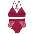 French style wine red lace lingerie set with triangle cups and strapless back design - S / Red Zirconia Set
