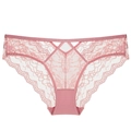 Pink French lace low-rise panties with hollow-out floral mesh and breathable cotton crotch - S / Pink