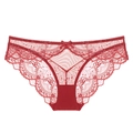 Deep red sheer floral lace panties with a small bow and breathable cotton crotch lining - S / Watermelon red