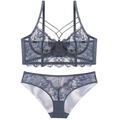 Greyish blue lace lingerie set with caged cross straps and eyelash lace trim - 70B / Blue