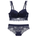 Spitzen-Push-up-BH-Set in Dunkelblau mit Blumenmustern und Schleifendetails - 70A / Blau