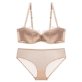 Champagne satin lace lingerie set with deep V plunge bra and sheer mesh panty set - Nude