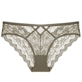 Lace panties for women in olive green featuring sheer floral patterns and hollow design - S / Green