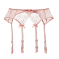 Pink floral lace garter belt with adjustable straps and satin bow accents for women - S / Pink