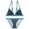 Completo intimo in pizzo blu pavone con ricami floreali e design a bralette a triangolo - S / Set Di Lingerie Ricamato / Verde Scuro