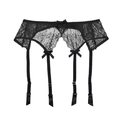Sexy black floral lace garter belt with four adjustable straps and silk bow accents - S / Black