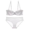Elegant white satin and lace lingerie set featuring a deep V bra and sheer mesh panties - White