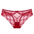Sexy red lace low-rise panties with sheer floral mesh and small decorative bow - Burgundy