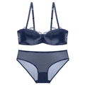 Lace satin deep blue bra and panty set with mesh details and adjustable straps - 70A / Blue
