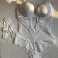 French style white lace bodysuit with bow detail and sheer mesh for sexy women - 75B / White