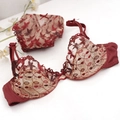Dessous-Set aus burgunderroter Spitze mit Blumenstickerei und feinen Schleifen - 70C / Oberteil Und Unterteil / Rot