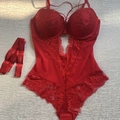 Red floral lace bodysuit featuring a deep V-neckline with delicate bow and mesh details - 70B / Dresses / Red