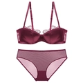 Sexy wine red lace lingerie set with satin bra and mesh panty for a perfect look - 70A / Burgundy