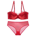 Deep V red satin and lace lingerie set with a seamless push-up bra and mesh panty - Red / 70B