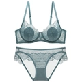 Elegante conjunto de lencería de encaje verde azulado con sujetador con aro y braguita - 70A / Azul Grisáceo