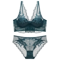 Dunkelgrünes Spitzen-Dessous-Set mit Blumenstickerei und transparentem Mesh-Gewebe - Dunkelgrün / 70B