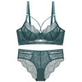 Completo intimo sexy in pizzo verde scuro con reggiseno a fiori e slip abbinati - 70B / Verde