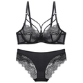 Sexy black lace lingerie set with underwire bra and strappy cross detailing for women - Black