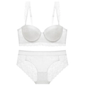 Elegant white lace lingerie set with floral patterns and ruffled shoulder straps on white background - White