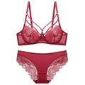 Sexy dark red lace lingerie set with ultra-thin unlined bra and matching panty for women - 70A / Red