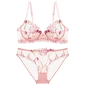 Sheer lace lingerie set with colorful floral cherry embroidery on pink mesh fabric - 70B / Pink