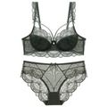 Deep green French lace lingerie set with underwire bra and sheer mesh panty details - 70A / Dark Green