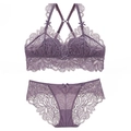 Französisches lila Spitzen-Lingerie-Set mit kabellosem BH und Mesh-Slip-Set - S / Oberteil Und Unterteil / Lila