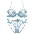 Conjunto de lencería de malla azul claro con bordado floral y lazo pequeño - 70B / Azul Celeste