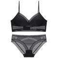 French lace wireless bra set with black striped mesh and adjustable thin straps - 75B / Black
