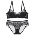 Conjunto de lencería de encaje negro sexy con sujetador y braguita de malla - 70A / Negro