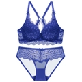 Lace embroidered wire-free bra set in deep blue with floral patterns and cross-back straps - Blue