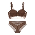Flat lay of brown eyelash lace lingerie set with mesh details and scalloped floral edges - 70A / Top And Bottom / Coffee