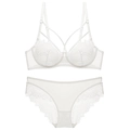 White lace lingerie set with underwire bra and eyelash trim details on a white background - 70A / White