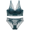 Set di lingerie in pizzo verde ottanio con ricami floreali e bordi a festoncino - 70B / Verde Scuro