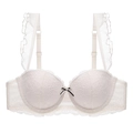 Detail of white lace bra featuring ruffled shoulder straps and a central bow accent - White / 85C