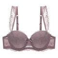 Close-up of intricate rose lace cups and delicate ruffle straps on a gathered lace bra - 70A / Coffee