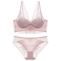 Dusty pink lace bustier lingerie set with matching scalloped edge panty for women - Dusty Pink / 70C