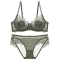 Olive green floral lace lingerie set with underwire bra and matching panties - 70A / Top And Bottom / Army Green