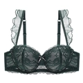 Elegant dark green lace bra with floral patterns and ruffled mesh shoulder straps - 70A / Dark Green