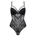 Sexy schwarzer Spitzenbody für Damen mit floralem Mesh-Spleißen und Kreuzträgern - Schwarz